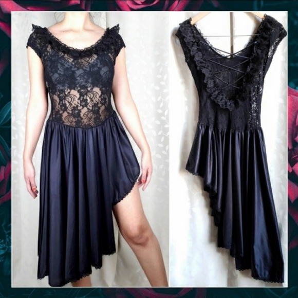 Vintage Other - Vintage Black Lace CrossBack Asymmetric Slip Dress